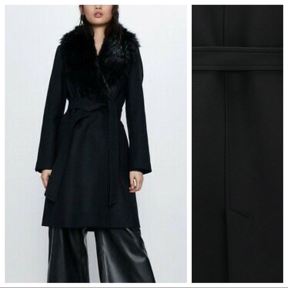 Zara Black Coat with Faux Fur Collar - Picture 2 of 11